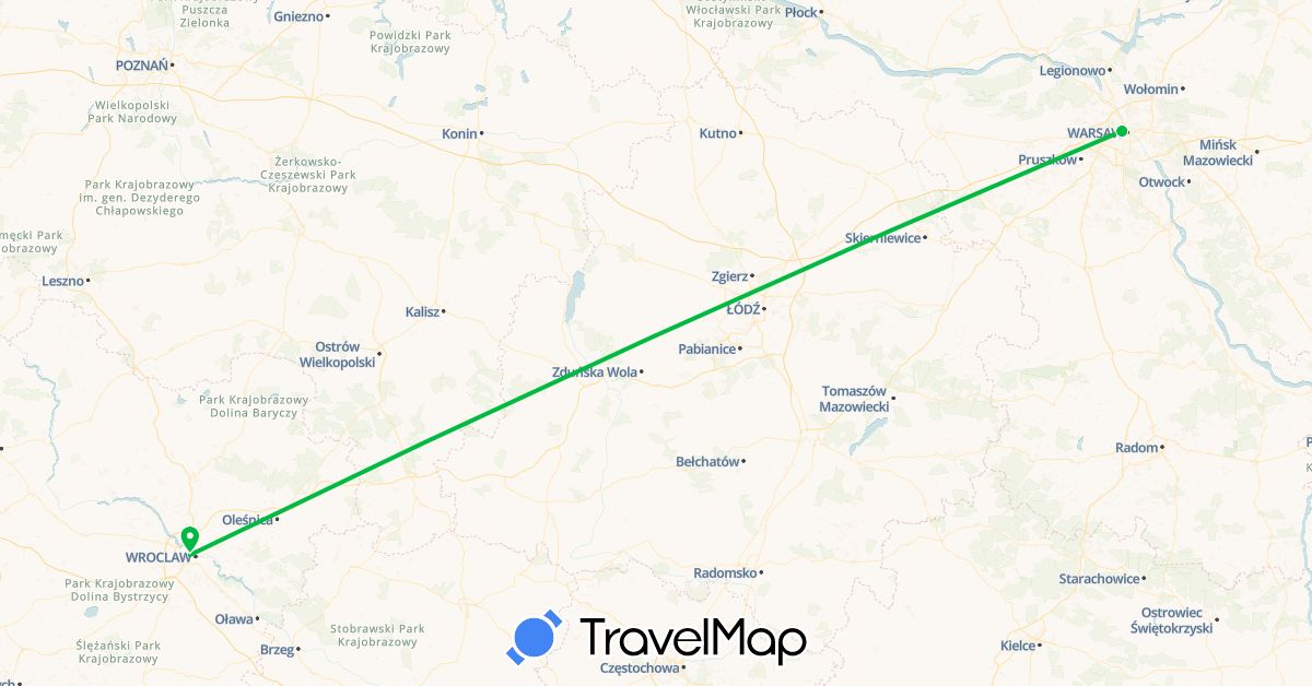 TravelMap itinerary: driving, bus in Poland (Europe)