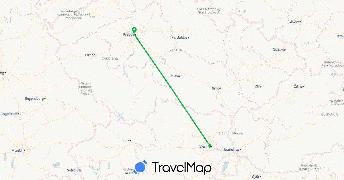 TravelMap itinerary: driving, bus in Austria, Czech Republic (Europe)